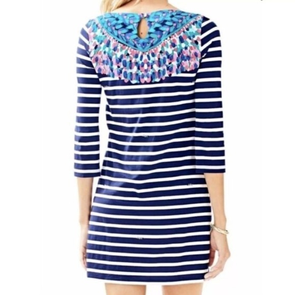 Lilly Pulitzer Bay Dress Bright Navy Island Medallion Stripe XXS L1 - Picture 2 of 8